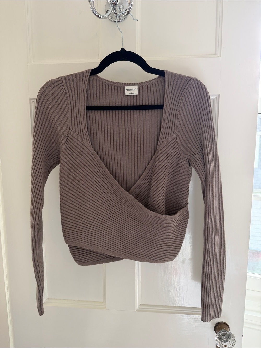 Abercrombie & Fitch Ribbed Wrap-Front Long Sleeve Top - Taupe